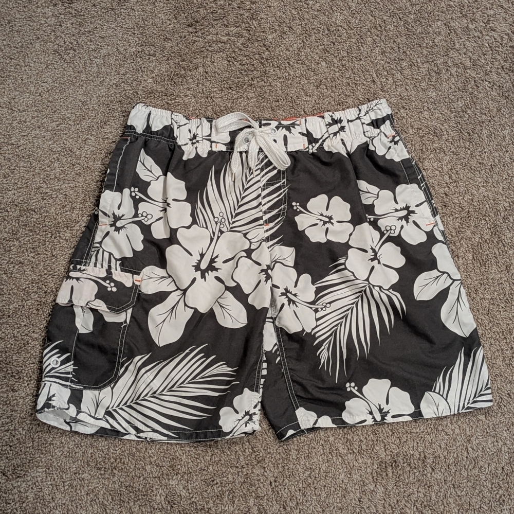 Men's Arizona Jean Co Gray and White Hawaiian Floral Swim Trunks Size XL